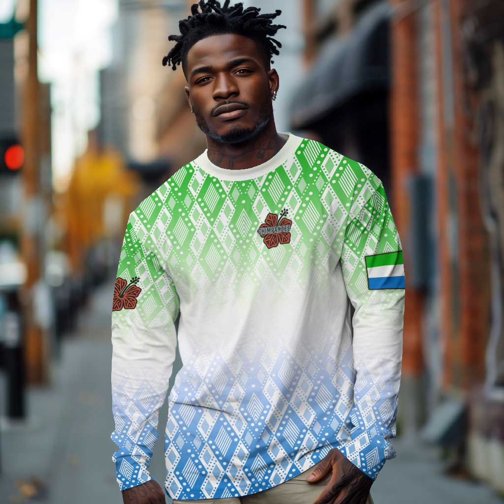 Sierra Leone Long Sleeve Shirt - Tribal Chimpanzee Design and Green Blue Gradient Pattern
