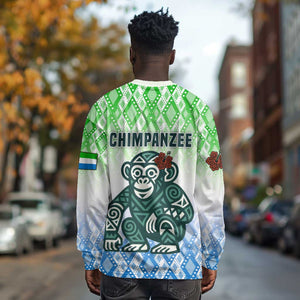 Sierra Leone Long Sleeve Shirt - Tribal Chimpanzee Design and Green Blue Gradient Pattern