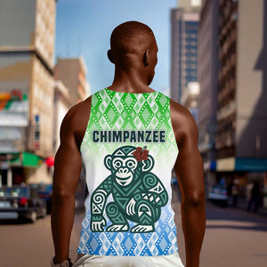 Sierra Leone Men Tank Top - Tribal Chimpanzee Design and Green Blue Gradient Pattern