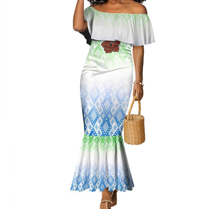 Sierra Leone Mermaid Dress - Tribal Chimpanzee Design and Green Blue Gradient Pattern