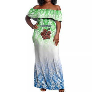 Sierra Leone Off Shoulder Maxi Dress - Tribal Chimpanzee Design and Green Blue Gradient Pattern