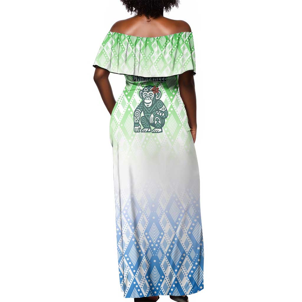Sierra Leone Off Shoulder Maxi Dress - Tribal Chimpanzee Design and Green Blue Gradient Pattern