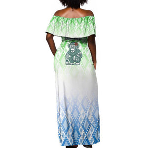 Sierra Leone Off Shoulder Maxi Dress - Tribal Chimpanzee Design and Green Blue Gradient Pattern