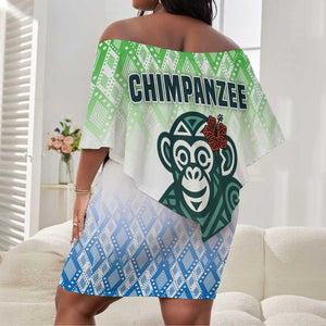 Sierra Leone Off Shoulder Short Dress - Tribal Chimpanzee Design and Green Blue Gradient Pattern