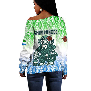 Sierra Leone Off Shoulder Sweater - Tribal Chimpanzee Design and Green Blue Gradient Pattern