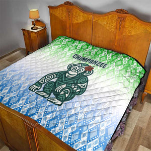 Sierra Leone Quilt - Tribal Chimpanzee Design and Green Blue Gradient Pattern