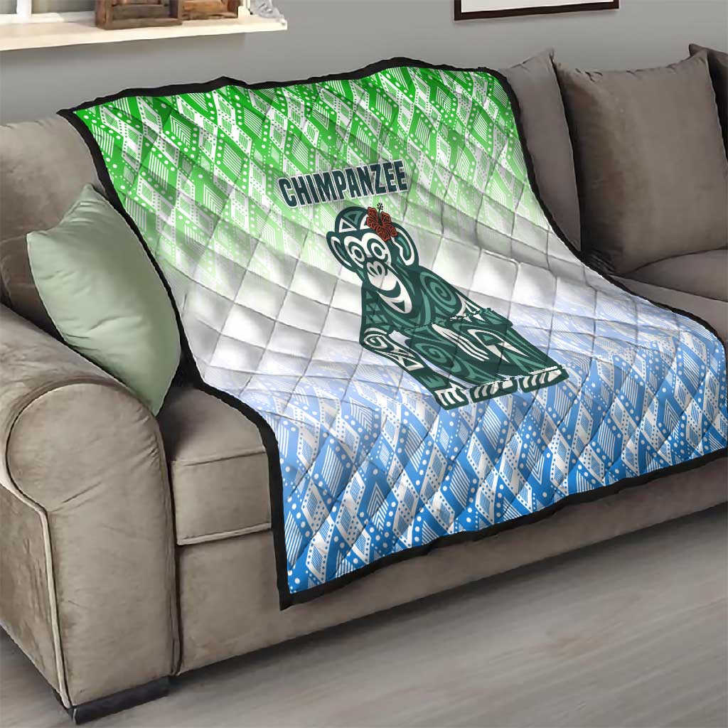 Sierra Leone Quilt - Tribal Chimpanzee Design and Green Blue Gradient Pattern