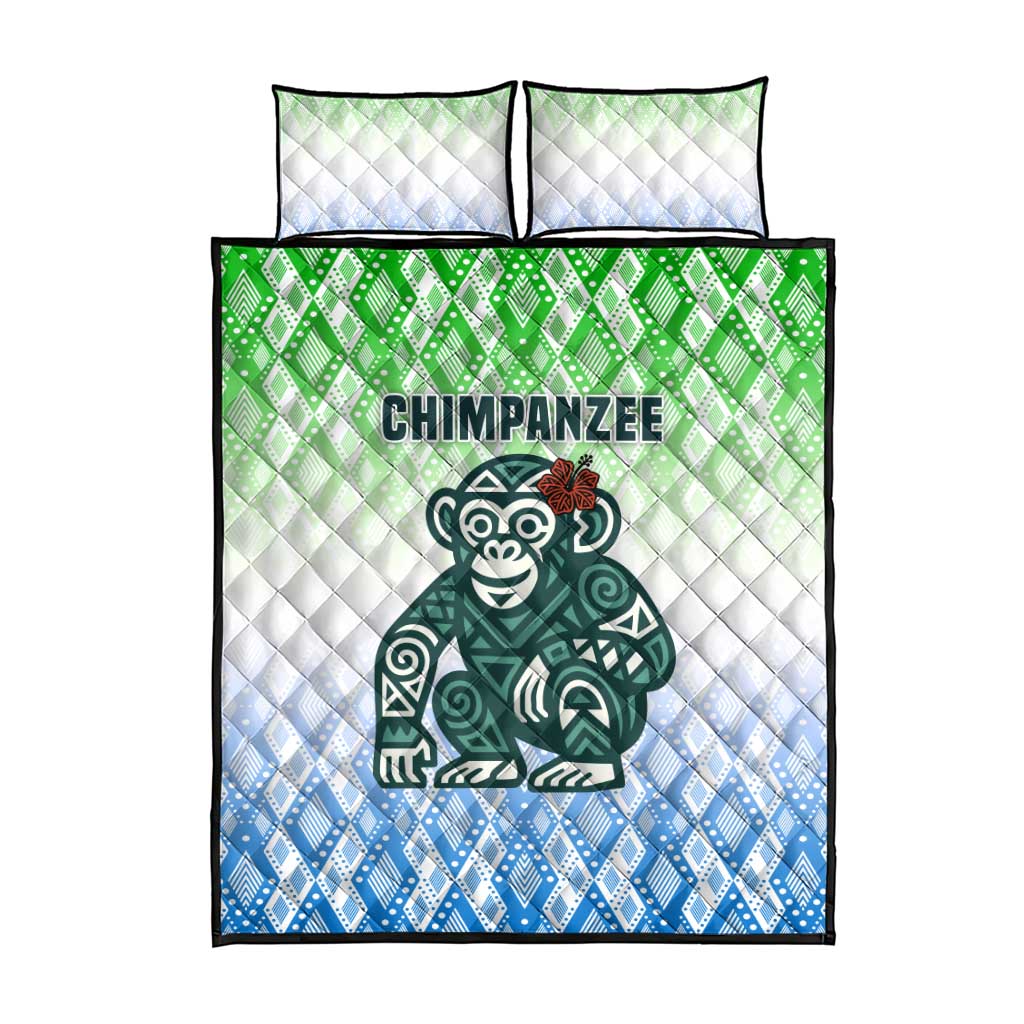 Sierra Leone Quilt Bed Set - Tribal Chimpanzee Design and Green Blue Gradient Pattern