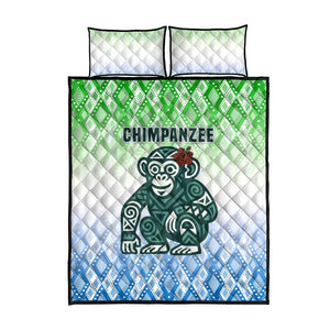 Sierra Leone Quilt Bed Set - Tribal Chimpanzee Design and Green Blue Gradient Pattern
