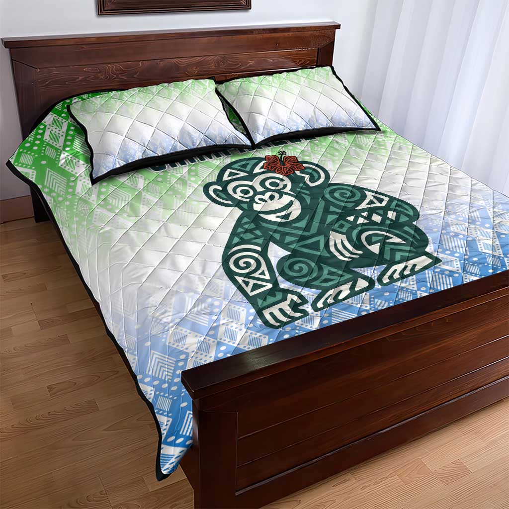Sierra Leone Quilt Bed Set - Tribal Chimpanzee Design and Green Blue Gradient Pattern