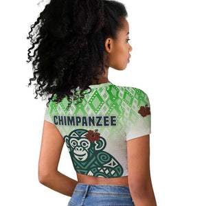 Sierra Leone Raglan Cropped T shirt - Tribal Chimpanzee Design and Green Blue Gradient Pattern
