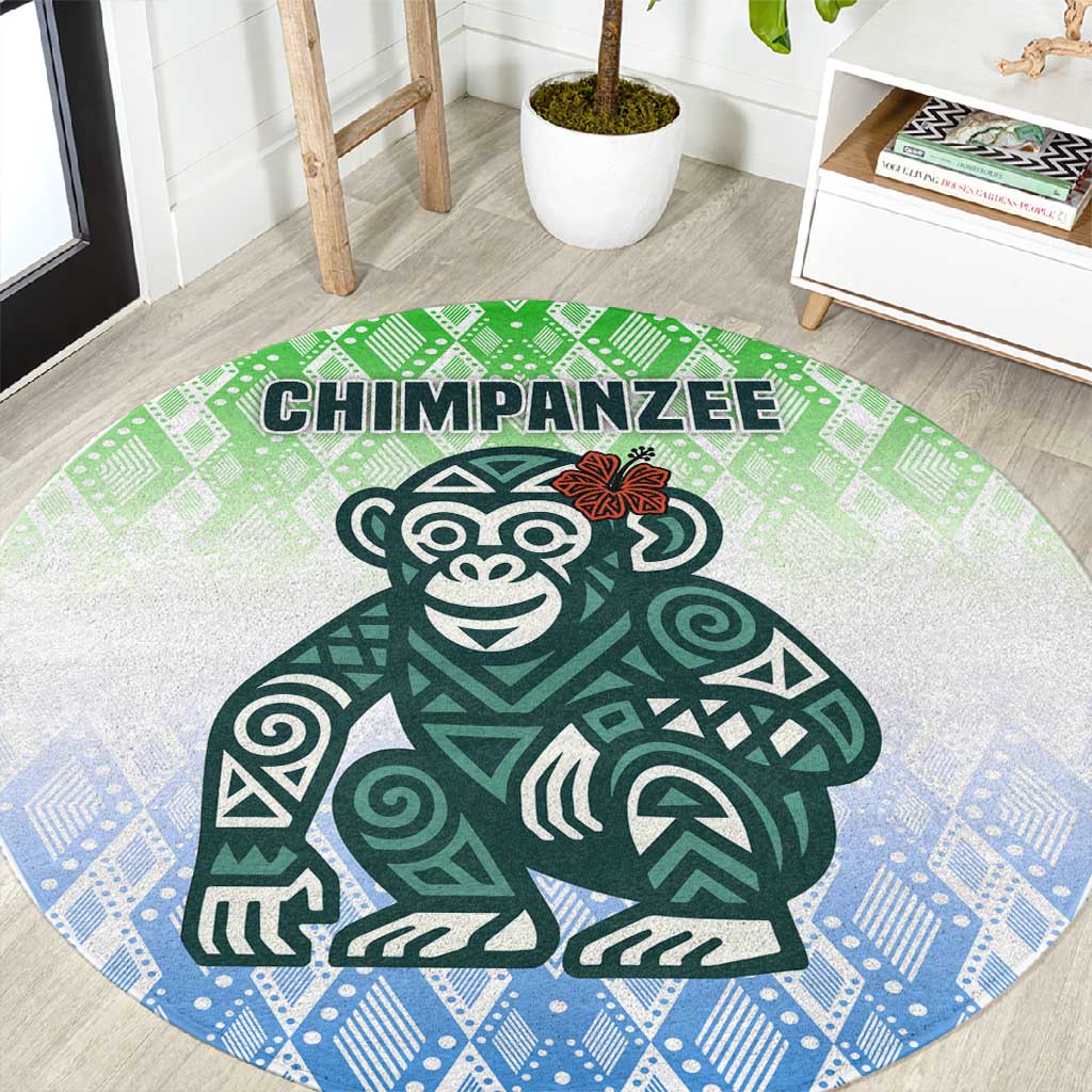 Sierra Leone Round Carpet - Tribal Chimpanzee Design and Green Blue Gradient Pattern