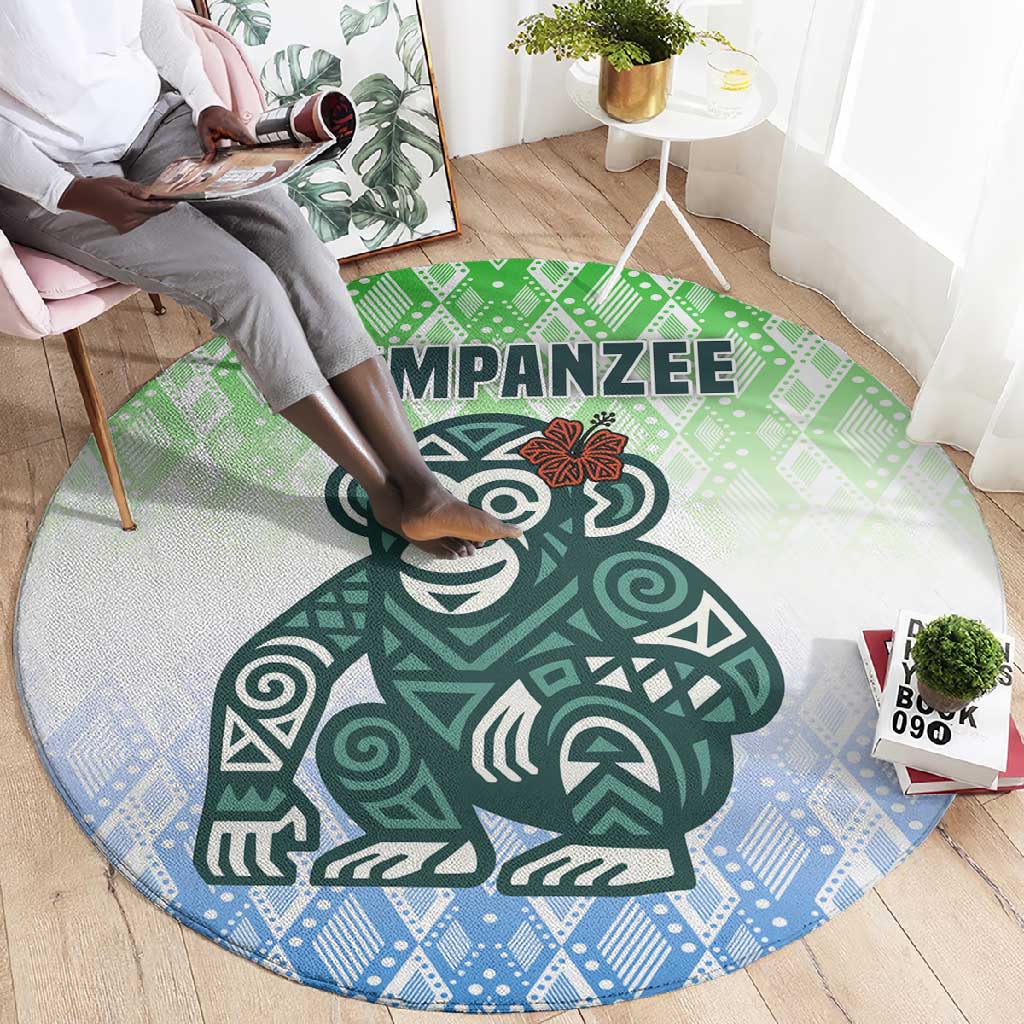 Sierra Leone Round Carpet - Tribal Chimpanzee Design and Green Blue Gradient Pattern