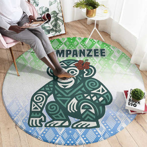 Sierra Leone Round Carpet - Tribal Chimpanzee Design and Green Blue Gradient Pattern