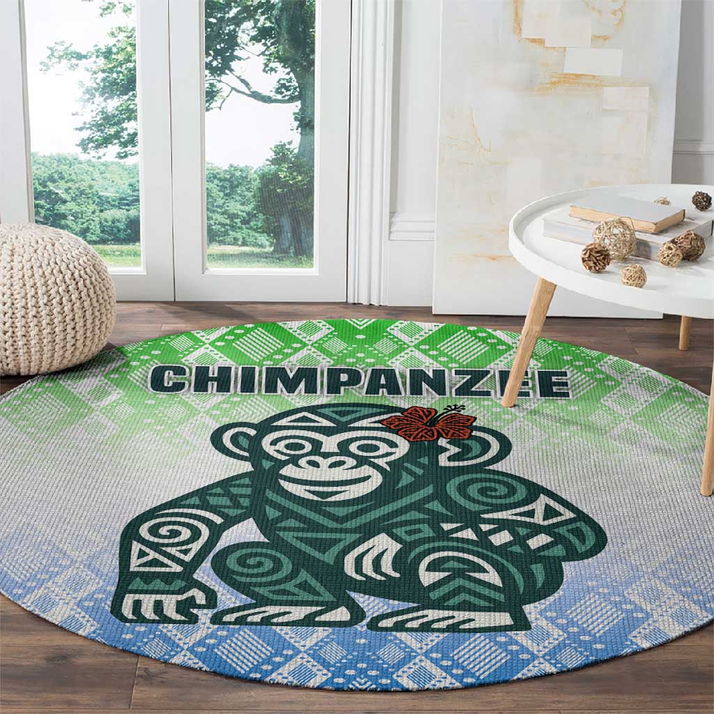 Sierra Leone Round Carpet - Tribal Chimpanzee Design and Green Blue Gradient Pattern