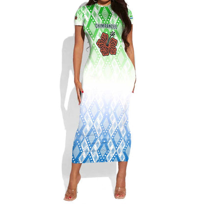 Sierra Leone Short Sleeve Bodycon Dress - Tribal Chimpanzee Design and Green Blue Gradient Pattern