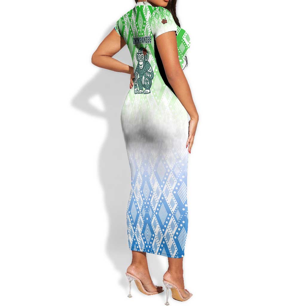 Sierra Leone Short Sleeve Bodycon Dress - Tribal Chimpanzee Design and Green Blue Gradient Pattern