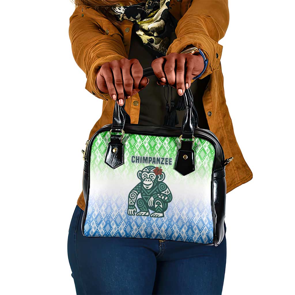 Sierra Leone Shoulder Handbag - Tribal Chimpanzee Design and Green Blue Gradient Pattern