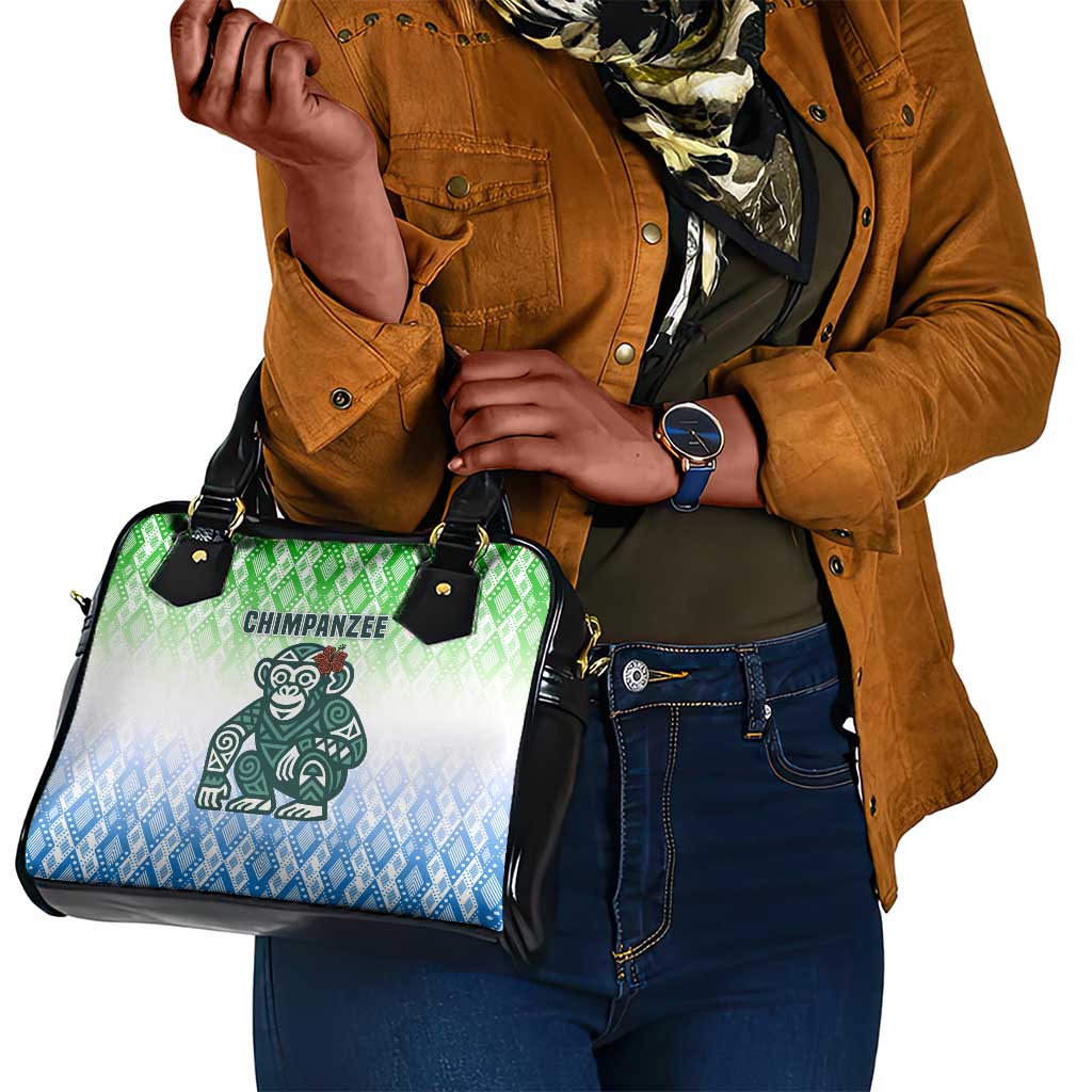 Sierra Leone Shoulder Handbag - Tribal Chimpanzee Design and Green Blue Gradient Pattern