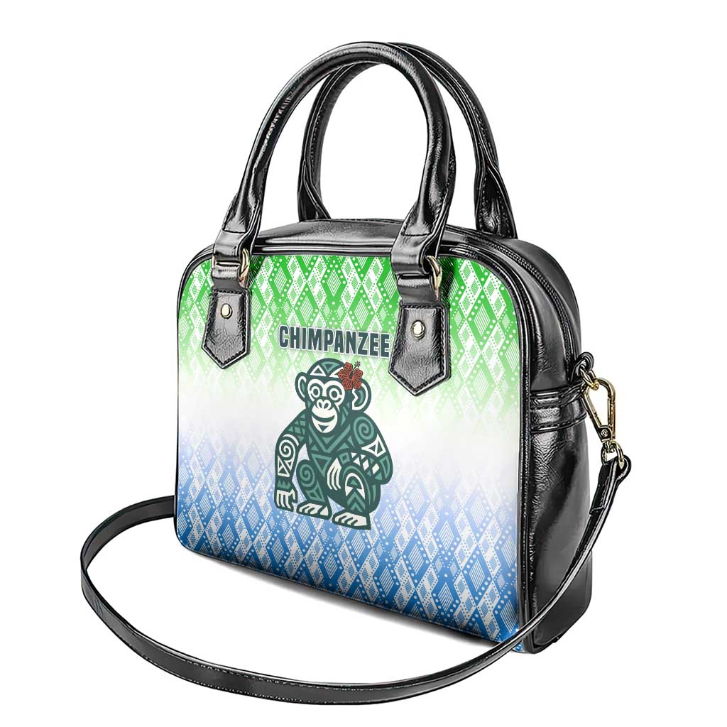 Sierra Leone Shoulder Handbag - Tribal Chimpanzee Design and Green Blue Gradient Pattern