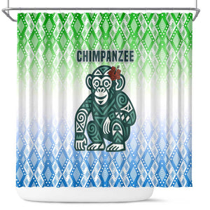 Sierra Leone Shower Curtain - Tribal Chimpanzee Design and Green Blue Gradient Pattern