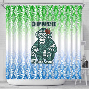 Sierra Leone Shower Curtain - Tribal Chimpanzee Design and Green Blue Gradient Pattern
