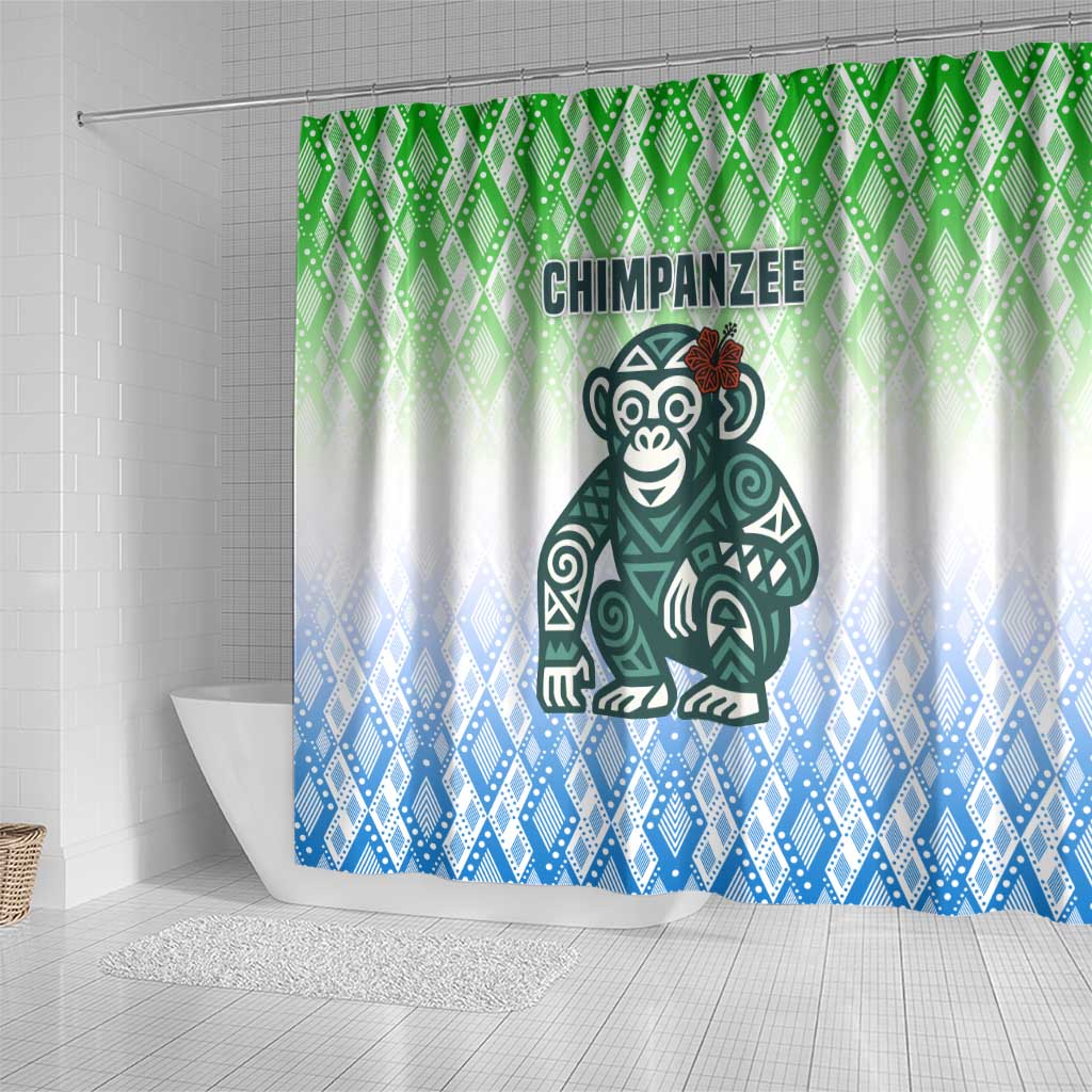 Sierra Leone Shower Curtain - Tribal Chimpanzee Design and Green Blue Gradient Pattern