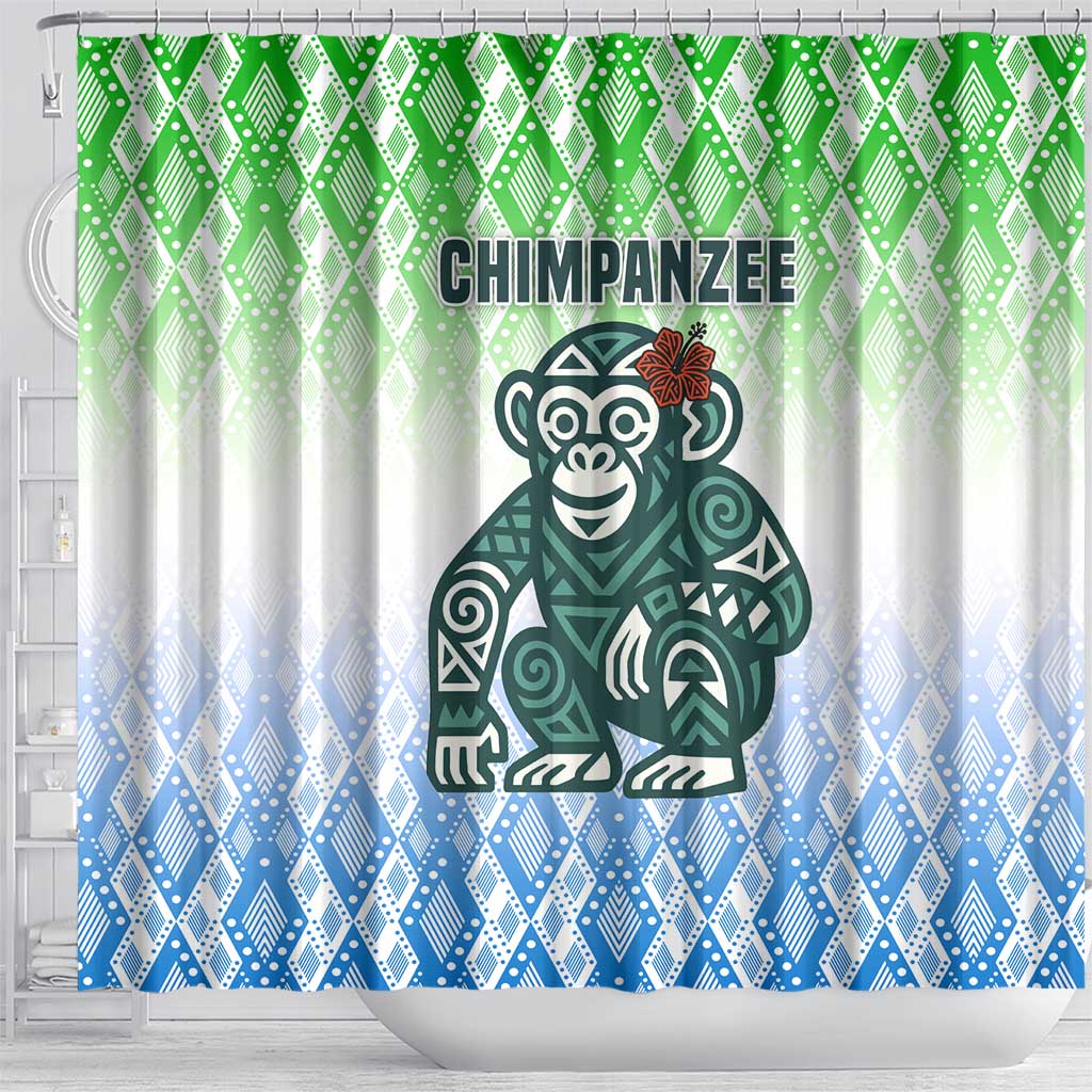 Sierra Leone Shower Curtain - Tribal Chimpanzee Design and Green Blue Gradient Pattern