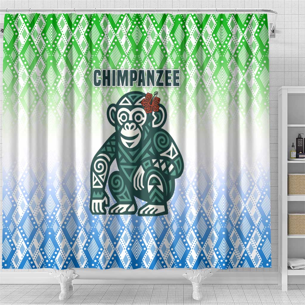 Sierra Leone Shower Curtain - Tribal Chimpanzee Design and Green Blue Gradient Pattern