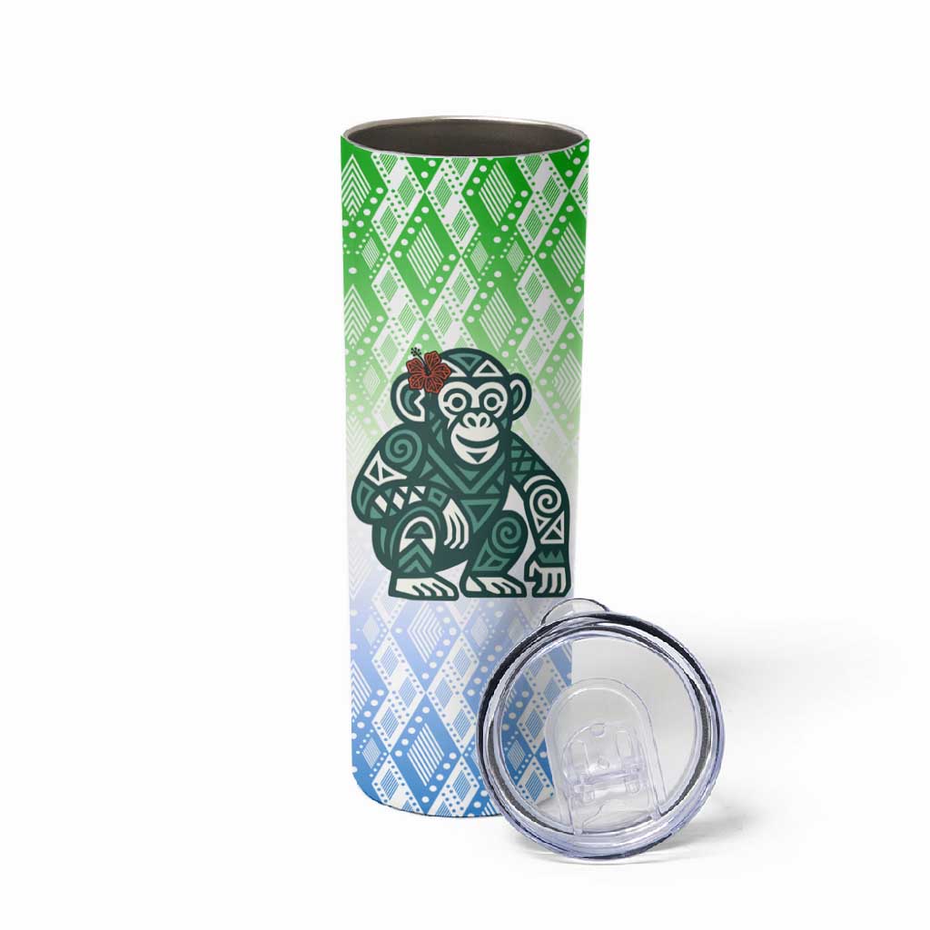 Sierra Leone Skinny Tumbler - Tribal Chimpanzee Design and Green Blue Gradient Pattern