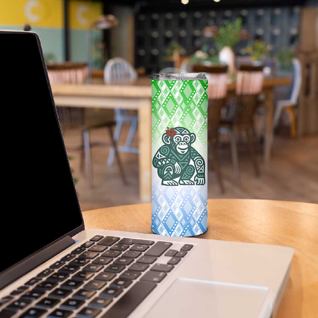 Sierra Leone Skinny Tumbler - Tribal Chimpanzee Design and Green Blue Gradient Pattern