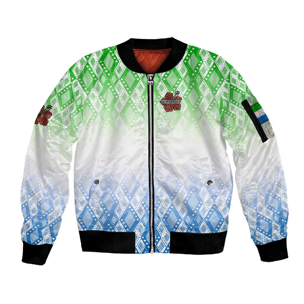 Sierra Leone Sleeve Zip Bomber Jacket - Tribal Chimpanzee Design and Green Blue Gradient Pattern