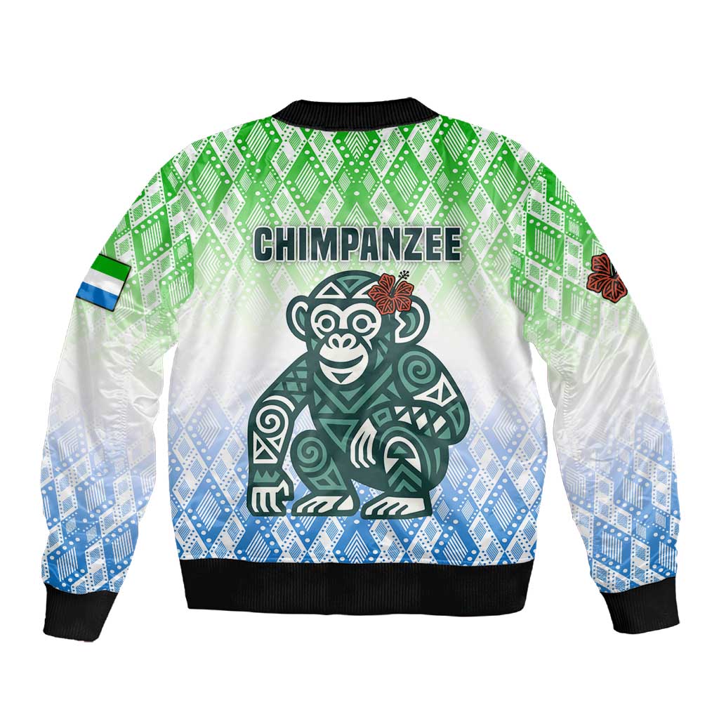 Sierra Leone Sleeve Zip Bomber Jacket - Tribal Chimpanzee Design and Green Blue Gradient Pattern