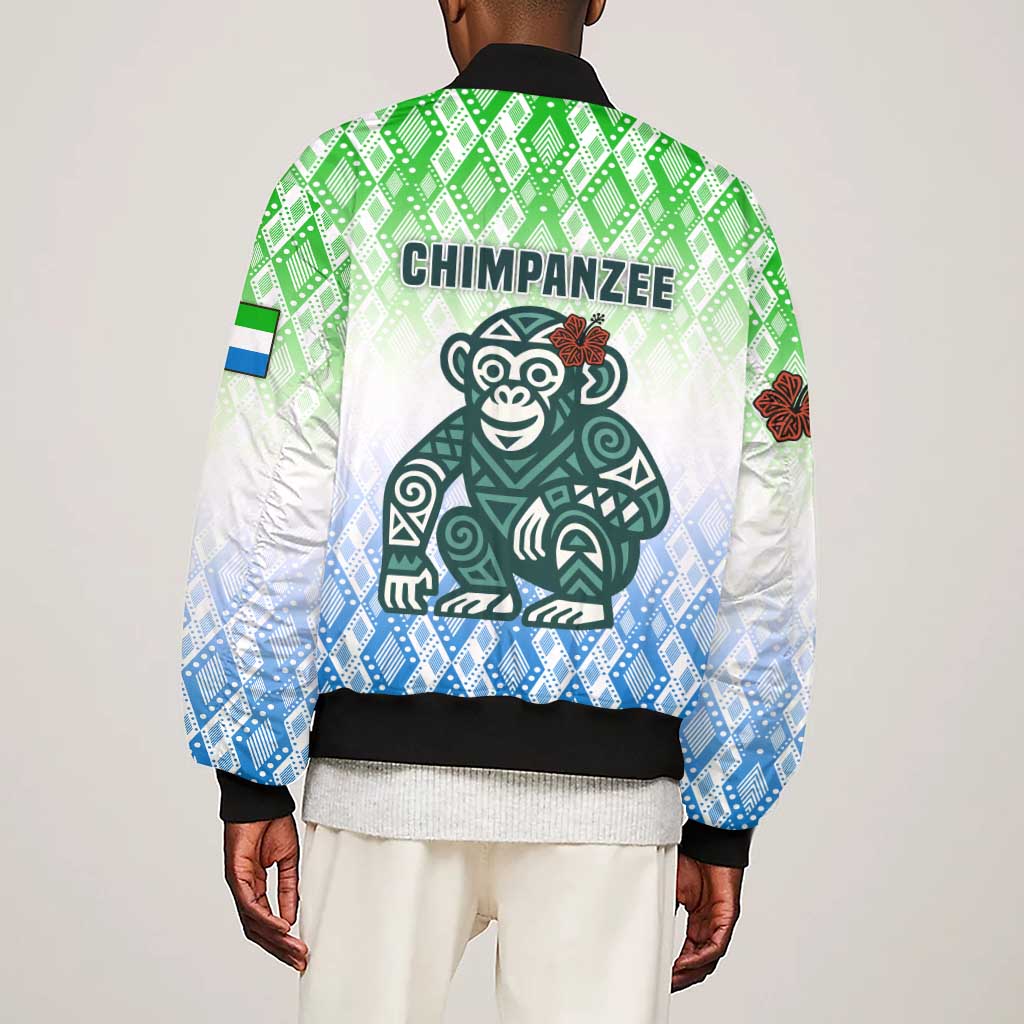 Sierra Leone Sleeve Zip Bomber Jacket - Tribal Chimpanzee Design and Green Blue Gradient Pattern