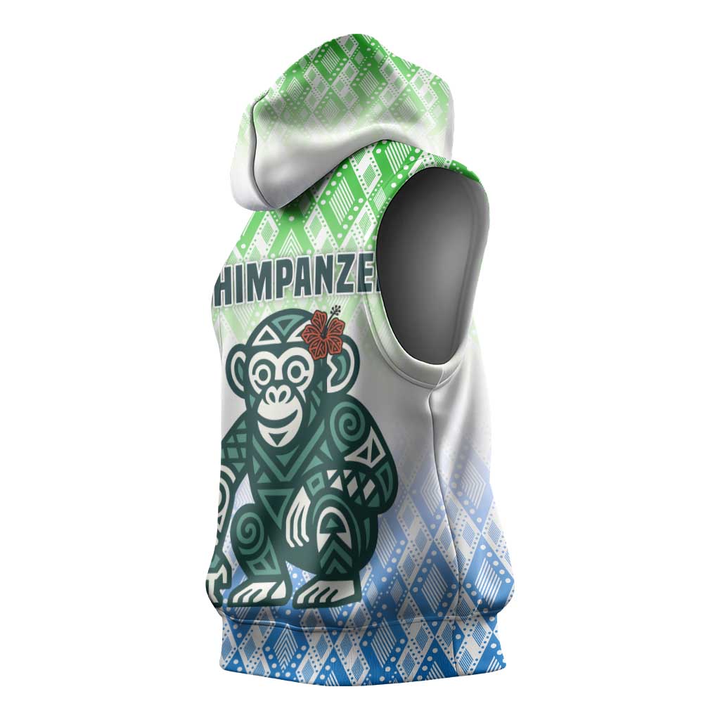 Sierra Leone Sleeveless Hoodie - Tribal Chimpanzee Design and Green Blue Gradient Pattern - African Pride