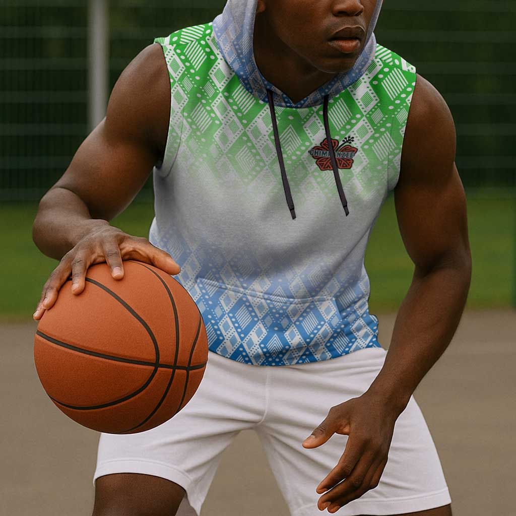Sierra Leone Sleeveless Hoodie - Tribal Chimpanzee Design and Green Blue Gradient Pattern - African Pride