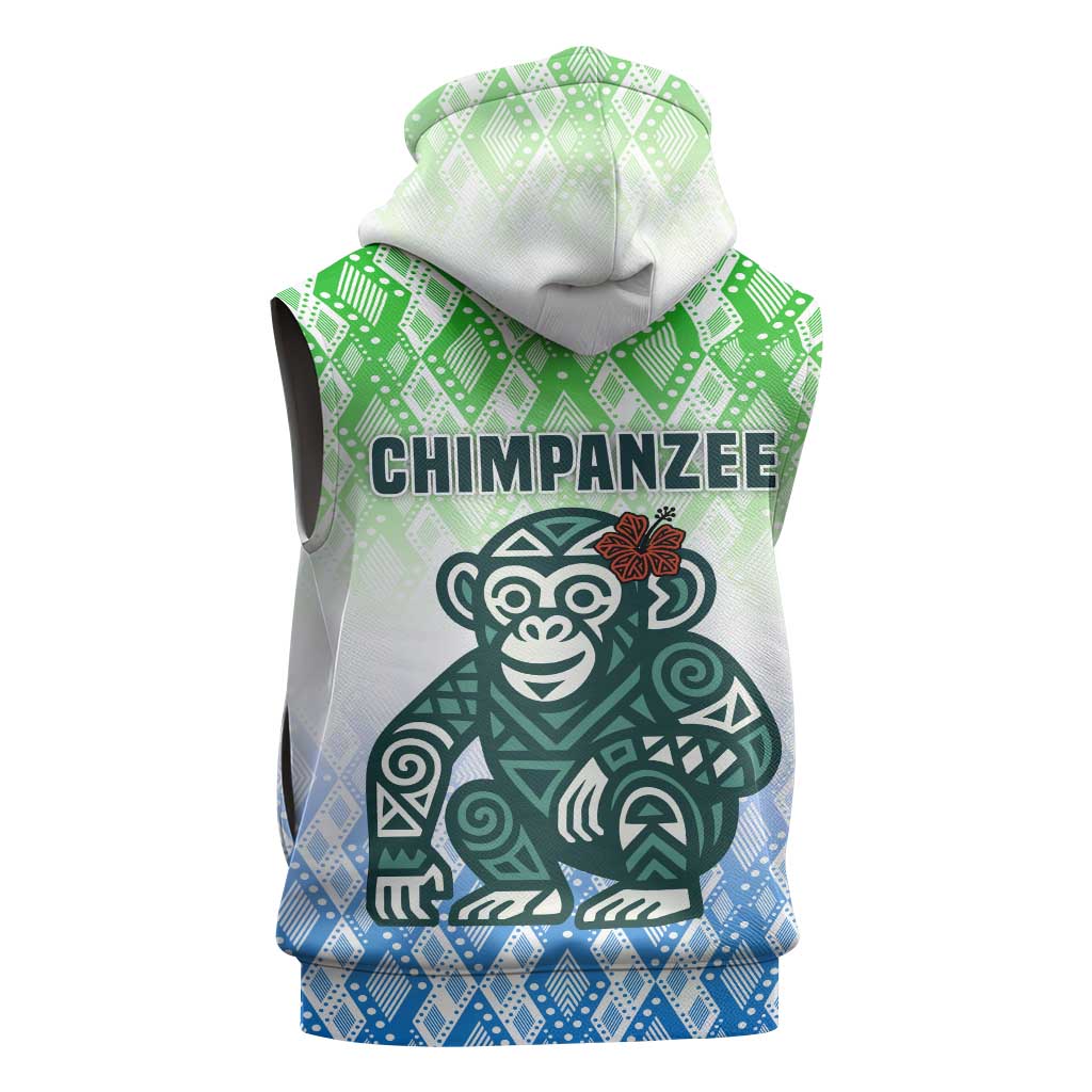 Sierra Leone Sleeveless Zip Hoodie - Tribal Chimpanzee Design and Green Blue Gradient Pattern - African Pride