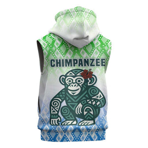 Sierra Leone Sleeveless Zip Hoodie - Tribal Chimpanzee Design and Green Blue Gradient Pattern - African Pride