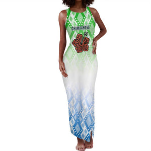 Sierra Leone Tank Maxi Dress - Tribal Chimpanzee Design and Green Blue Gradient Pattern