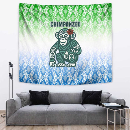 Sierra Leone Tapestry - Tribal Chimpanzee Design and Green Blue Gradient Pattern