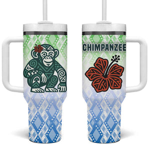 Sierra Leone Tumbler With Handle - Tribal Chimpanzee Design and Green Blue Gradient Pattern