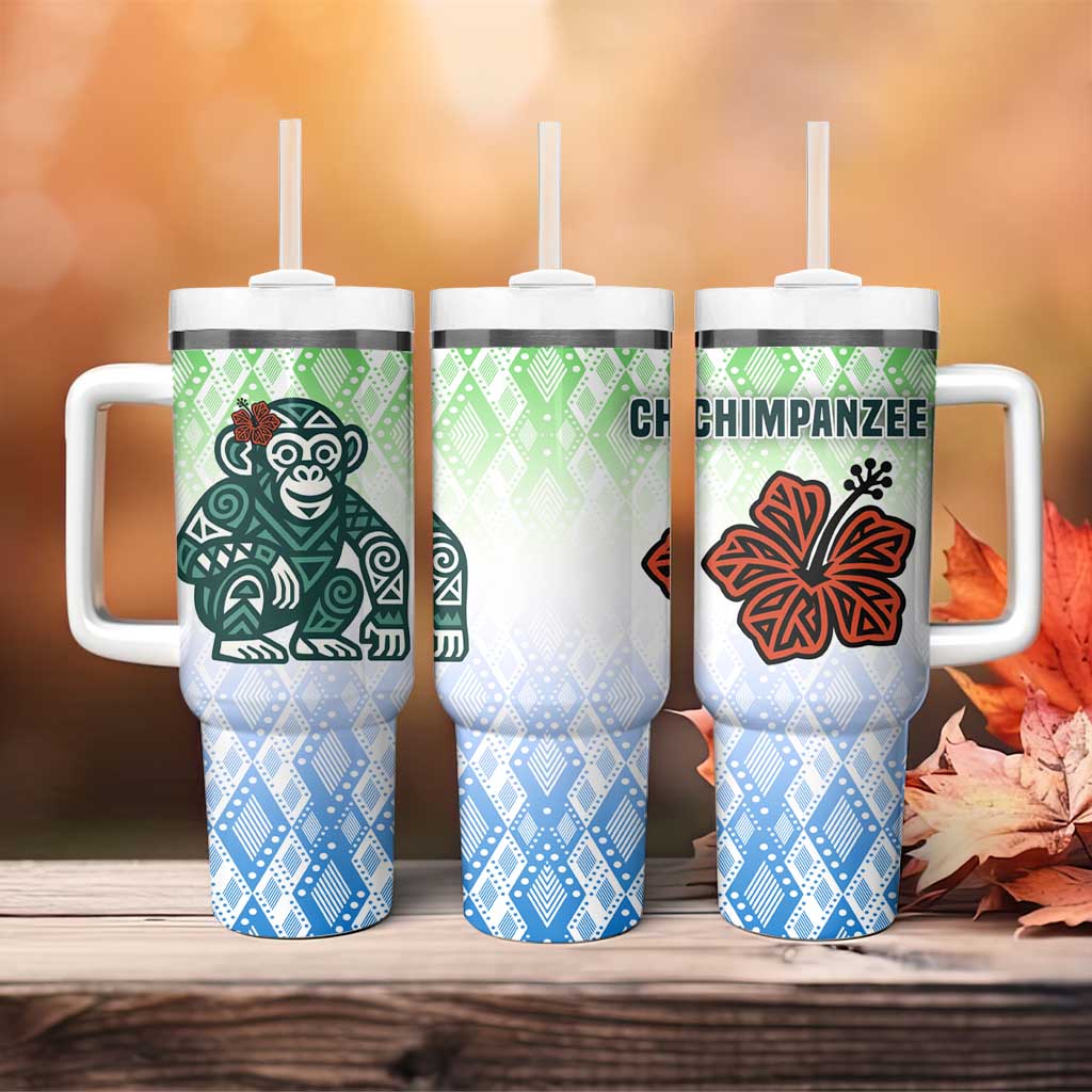Sierra Leone Tumbler With Handle - Tribal Chimpanzee Design and Green Blue Gradient Pattern