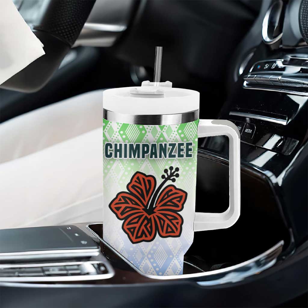 Sierra Leone Tumbler With Handle - Tribal Chimpanzee Design and Green Blue Gradient Pattern