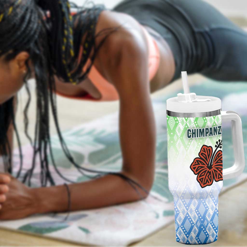 Sierra Leone Tumbler With Handle - Tribal Chimpanzee Design and Green Blue Gradient Pattern