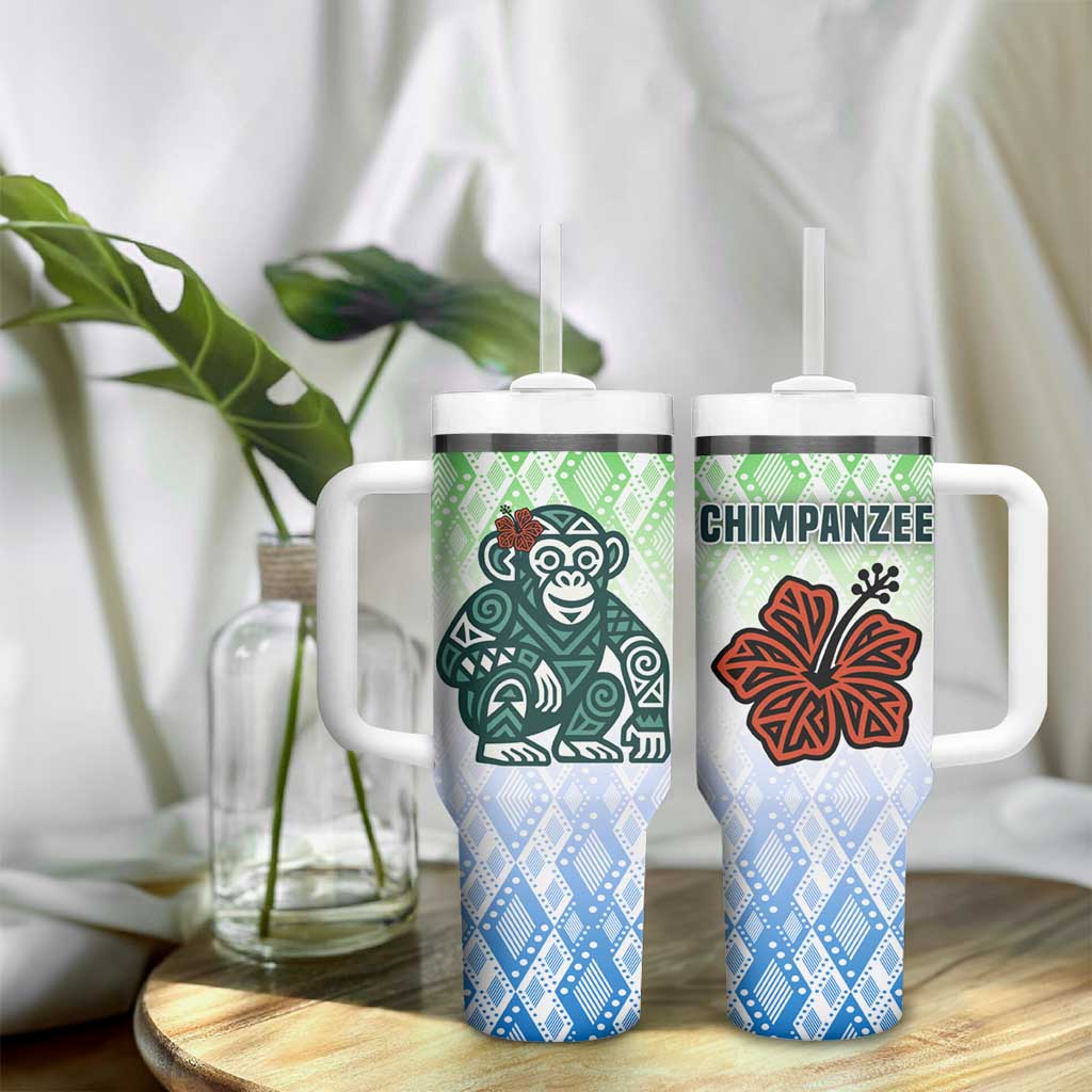 Sierra Leone Tumbler With Handle - Tribal Chimpanzee Design and Green Blue Gradient Pattern