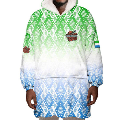 Sierra Leone Wearable Blanket Hoodie - Tribal Chimpanzee Design and Green Blue Gradient Pattern
