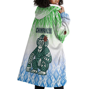 Sierra Leone Wearable Blanket Hoodie - Tribal Chimpanzee Design and Green Blue Gradient Pattern