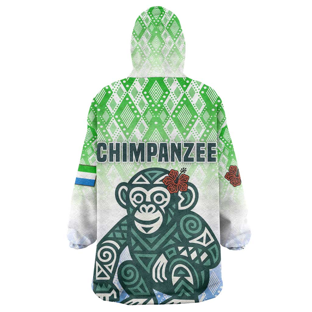 Sierra Leone Wearable Blanket Hoodie - Tribal Chimpanzee Design and Green Blue Gradient Pattern