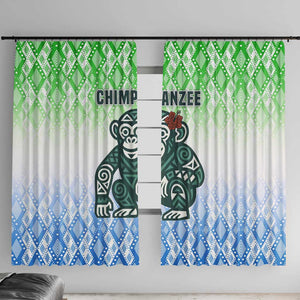 Sierra Leone Window Curtain - Tribal Chimpanzee Design and Green Blue Gradient Pattern