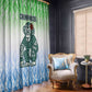 Sierra Leone Window Curtain - Tribal Chimpanzee Design and Green Blue Gradient Pattern